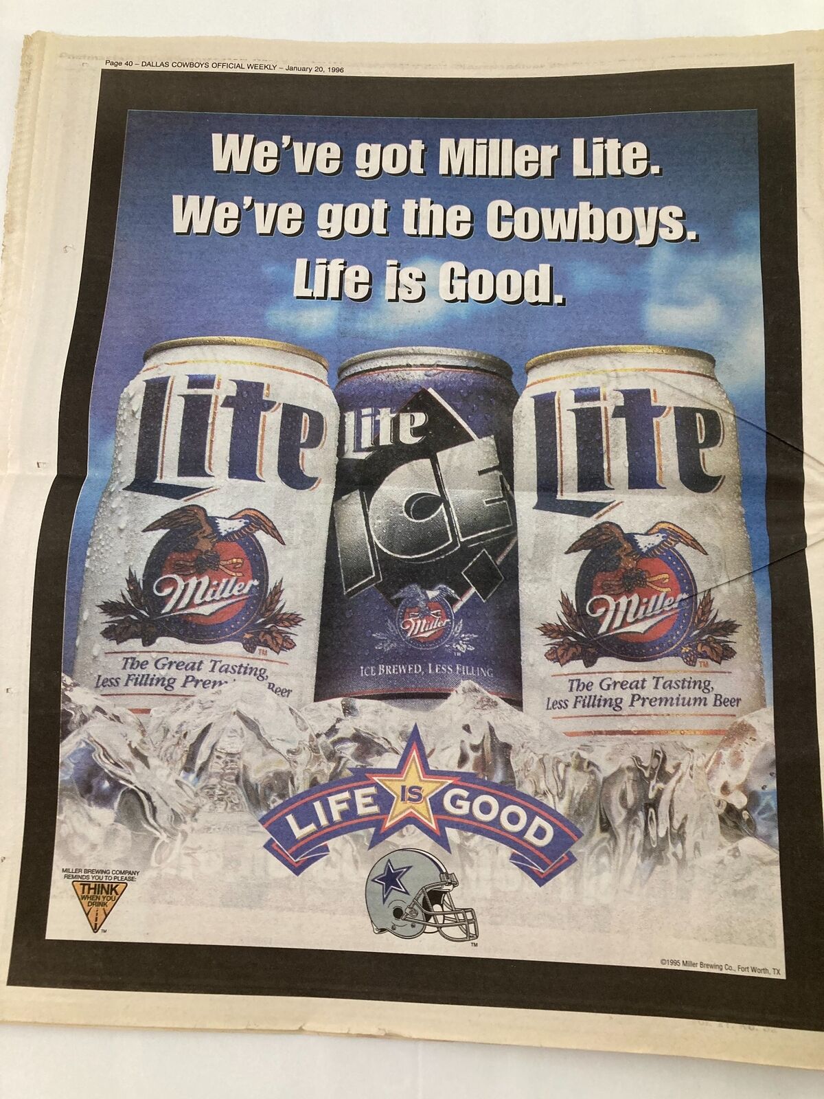 Dallas Cowboys Weekly Newspaper January 20 1996 Vol 21 #32 Leon Lett Intercepts featuring an advertisement for Miller Lite celebrating Dallas Cowboys fandom.