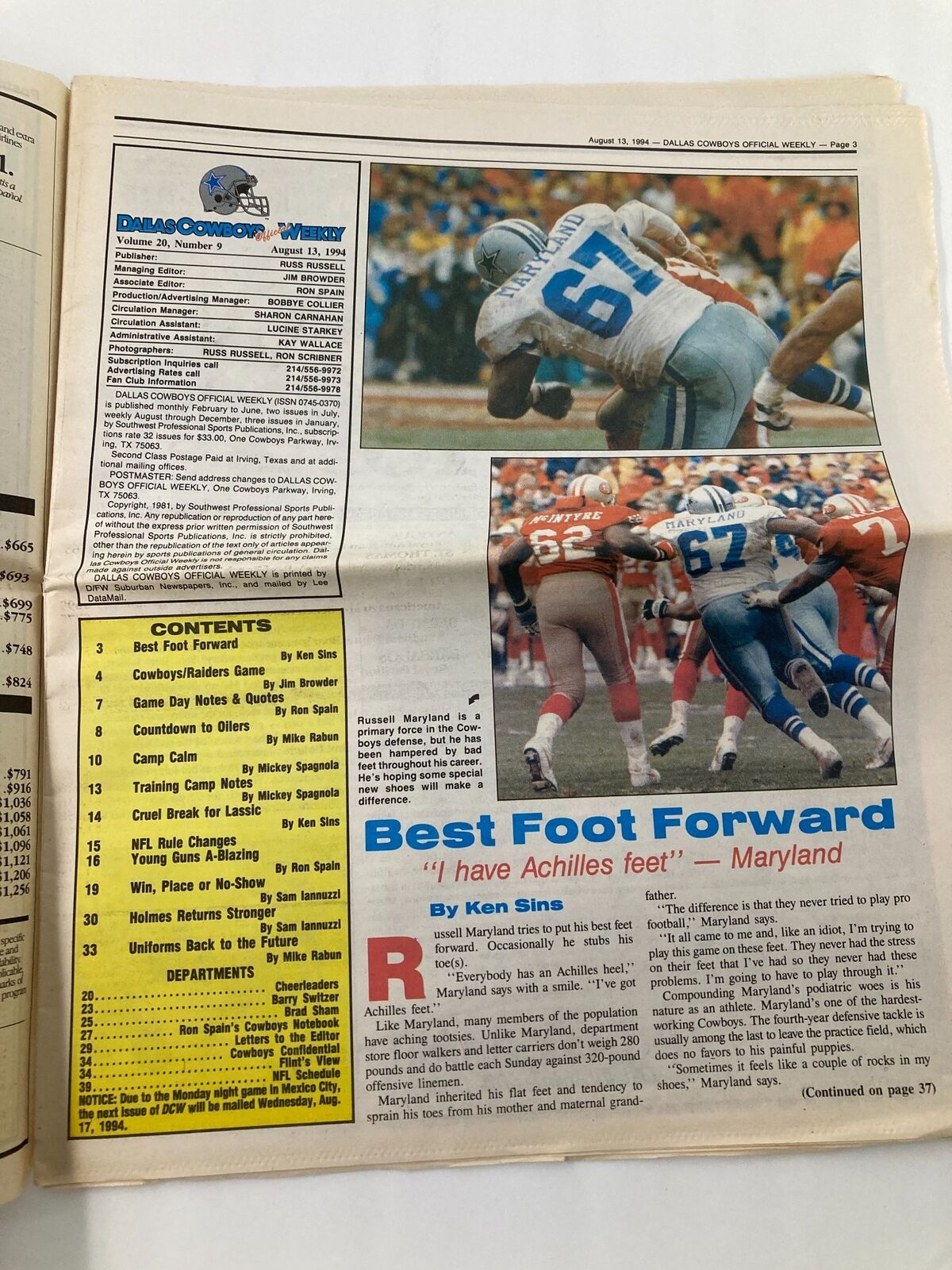 Dallas Cowboys Weekly Newspaper August 13 1994 Vol 20 #9 featuring highlights from the Cowboys' game, including articles and statistics.