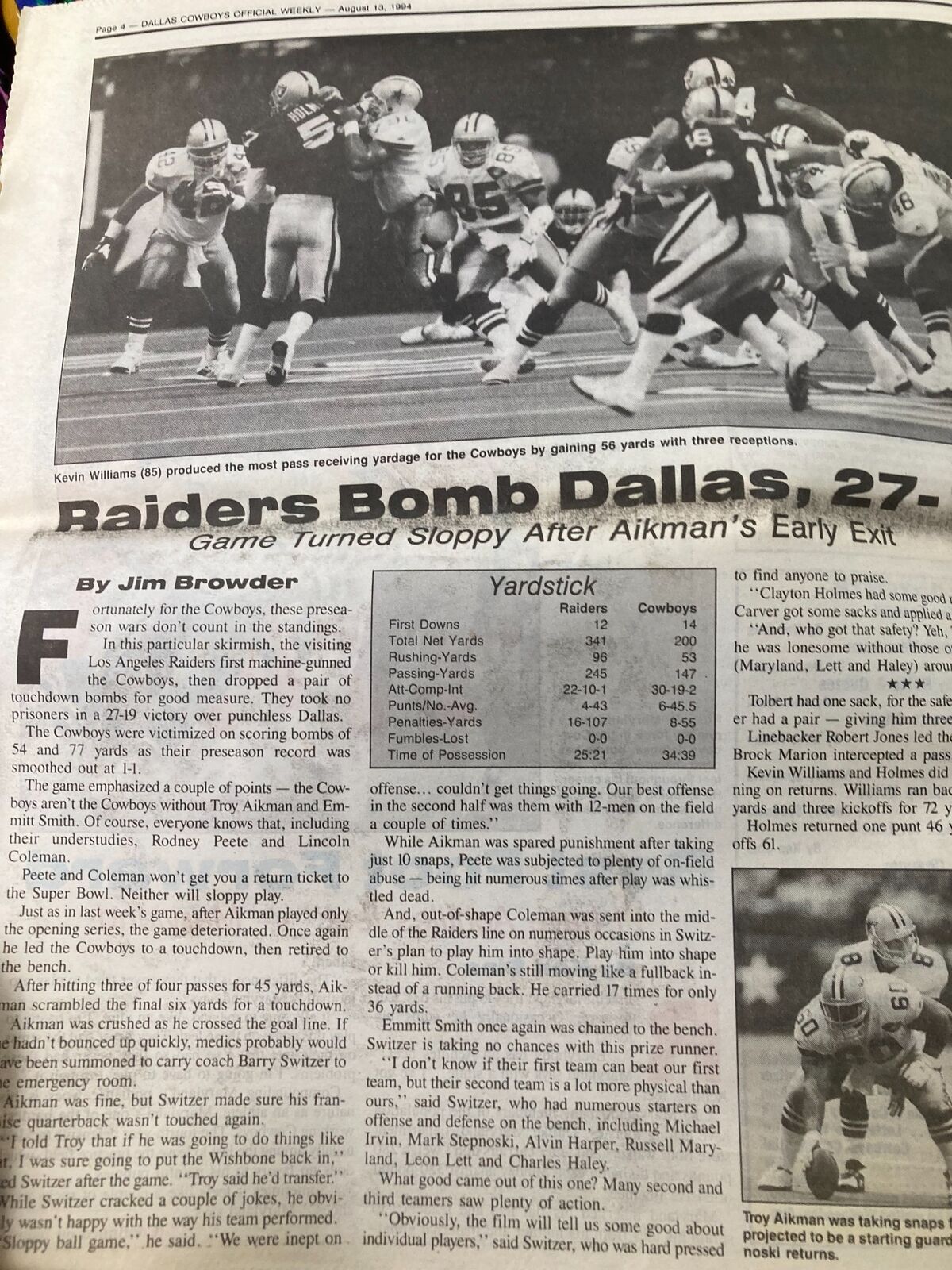 Dallas Cowboys Weekly Newspaper August 13 1994 Vol 20 #9 detailing the Raiders' victory over the Cowboys, with game summary and player performance.