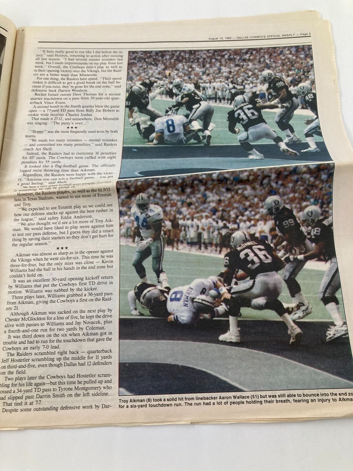 Dallas Cowboys Weekly Newspaper August 13 1994 Vol 20 #9 showcasing Tony Romo's game action during the Cowboys vs. Raiders matchup, with analysis of key plays.