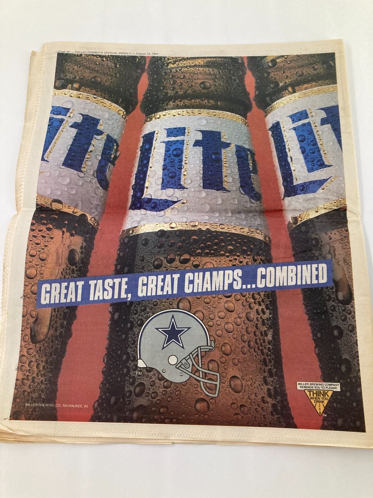 Dallas Cowboys Weekly Newspaper August 13 1994 Vol 20 #9 featuring an advertisement for Miller beer, highlighting the Dallas Cowboys and their championship spirit.