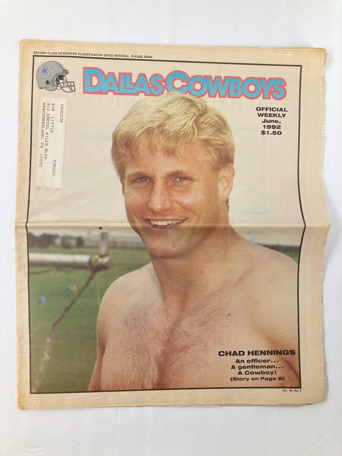 Dallas Cowboys Weekly Newspaper June 1992 Vol 18 #5 featuring Chad Hennings, an officer, on the cover with a photograph of Chad shirtless, smiling.