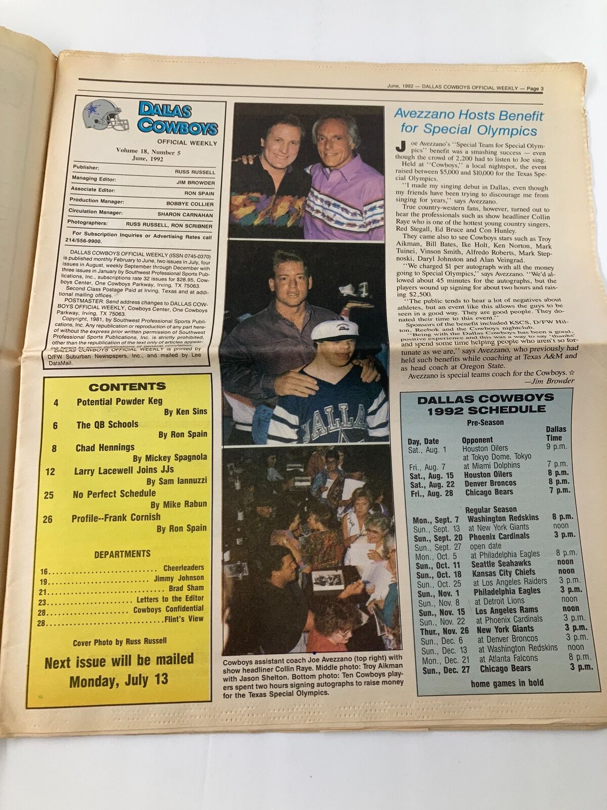 Inside page of the Dallas Cowboys Weekly Newspaper June 1992 Vol 18 #5 showing event highlights, including a photo from a benefit for Special Olympics featuring fans and participants.