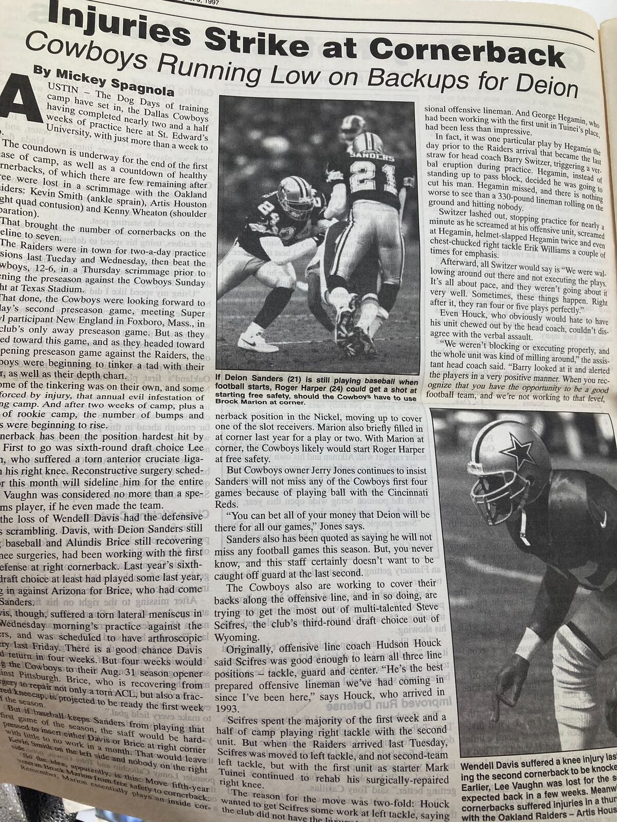 Article page from Dallas Cowboys Weekly Newspaper August 9 1997 discussing injuries affecting cornerback positions.