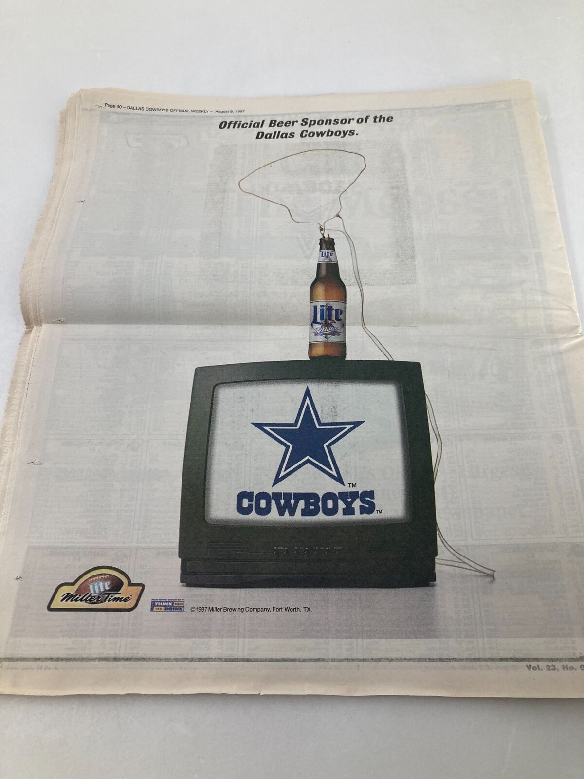 Advertisement in Dallas Cowboys Weekly Newspaper August 9 1997 promoting Miller Lite as the official beer sponsor of the Dallas Cowboys.