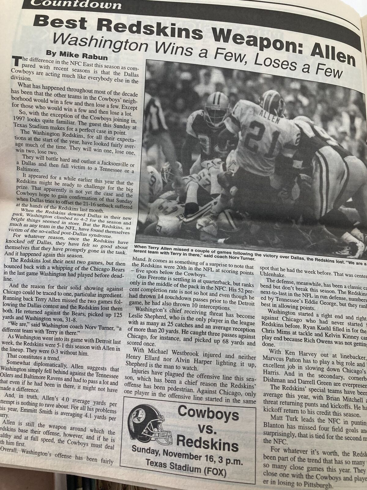 Inside page of Dallas Cowboys Weekly Newspaper November 15, 1997, showcasing an article titled 'Best Redskins Weapon: Allen' highlighting Larry Allen's performance.