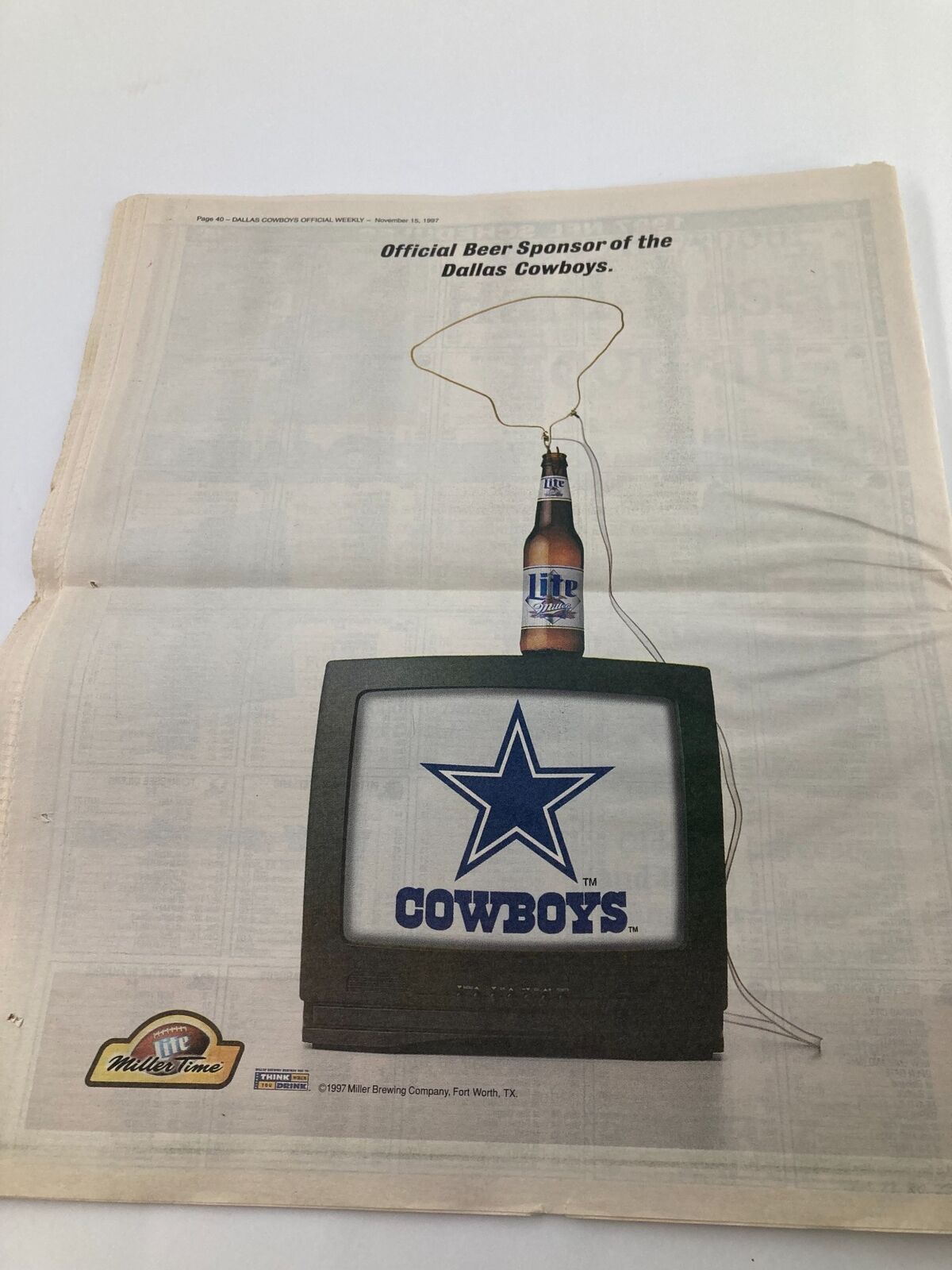 Advertisement page from Dallas Cowboys Weekly Newspaper November 15, 1997, promoting Miller Brewing Company as the official beer sponsor of the Dallas Cowboys.