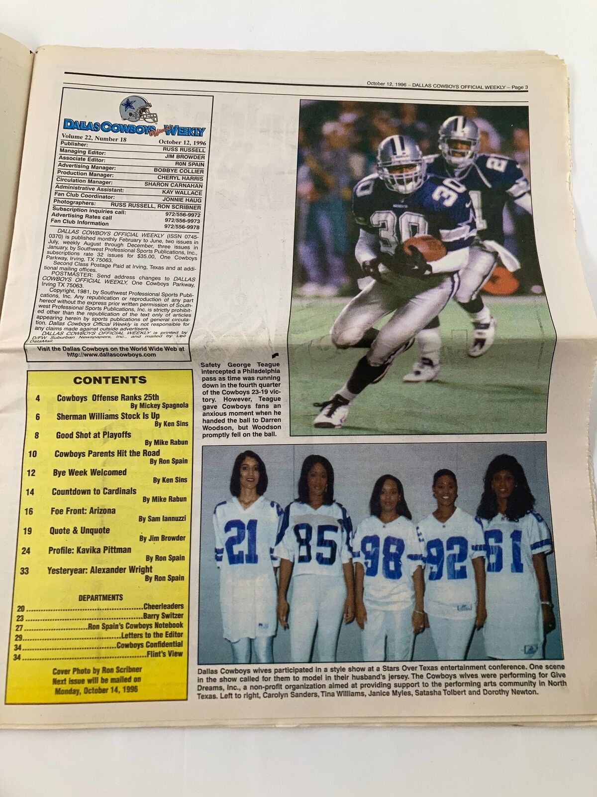 Dallas Cowboys Weekly Newspaper October 12 1996 Vol 22 #18 showing player statistics and team lineup, highlighting upcoming games and features.