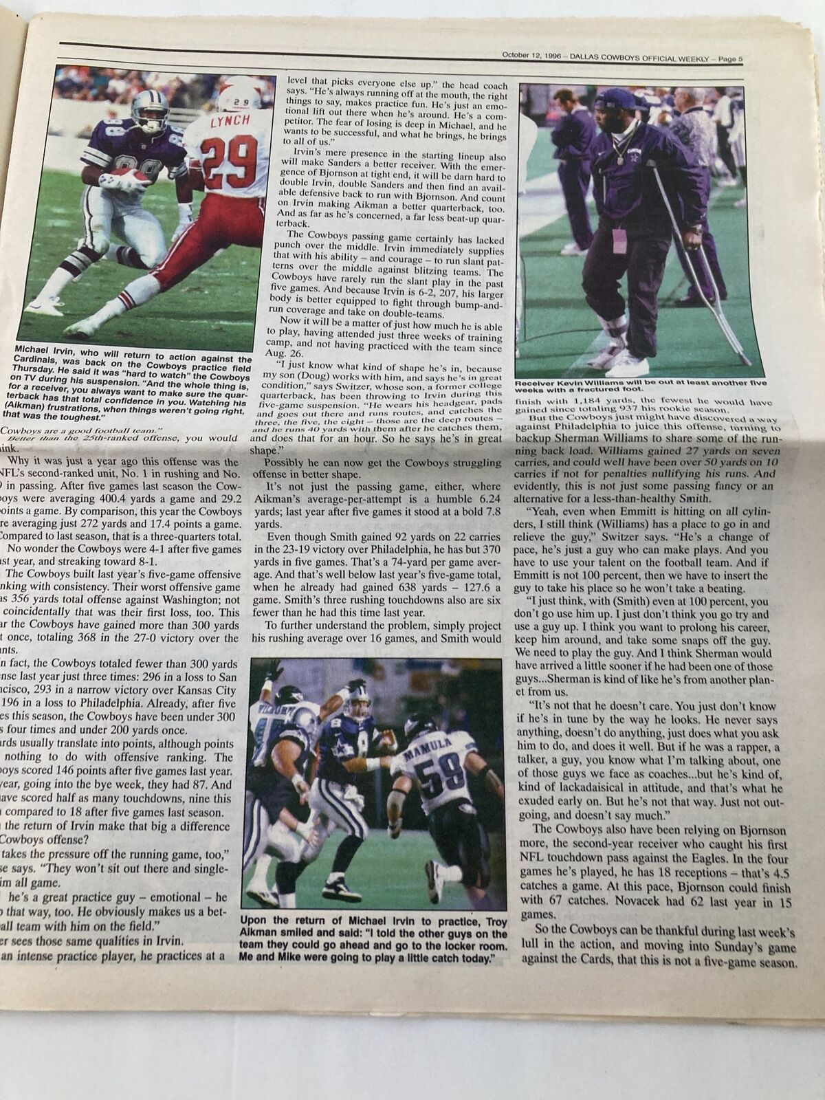 Dallas Cowboys Weekly Newspaper October 12 1996 Vol 22 #18 including an article discussing player strategies and season performance.