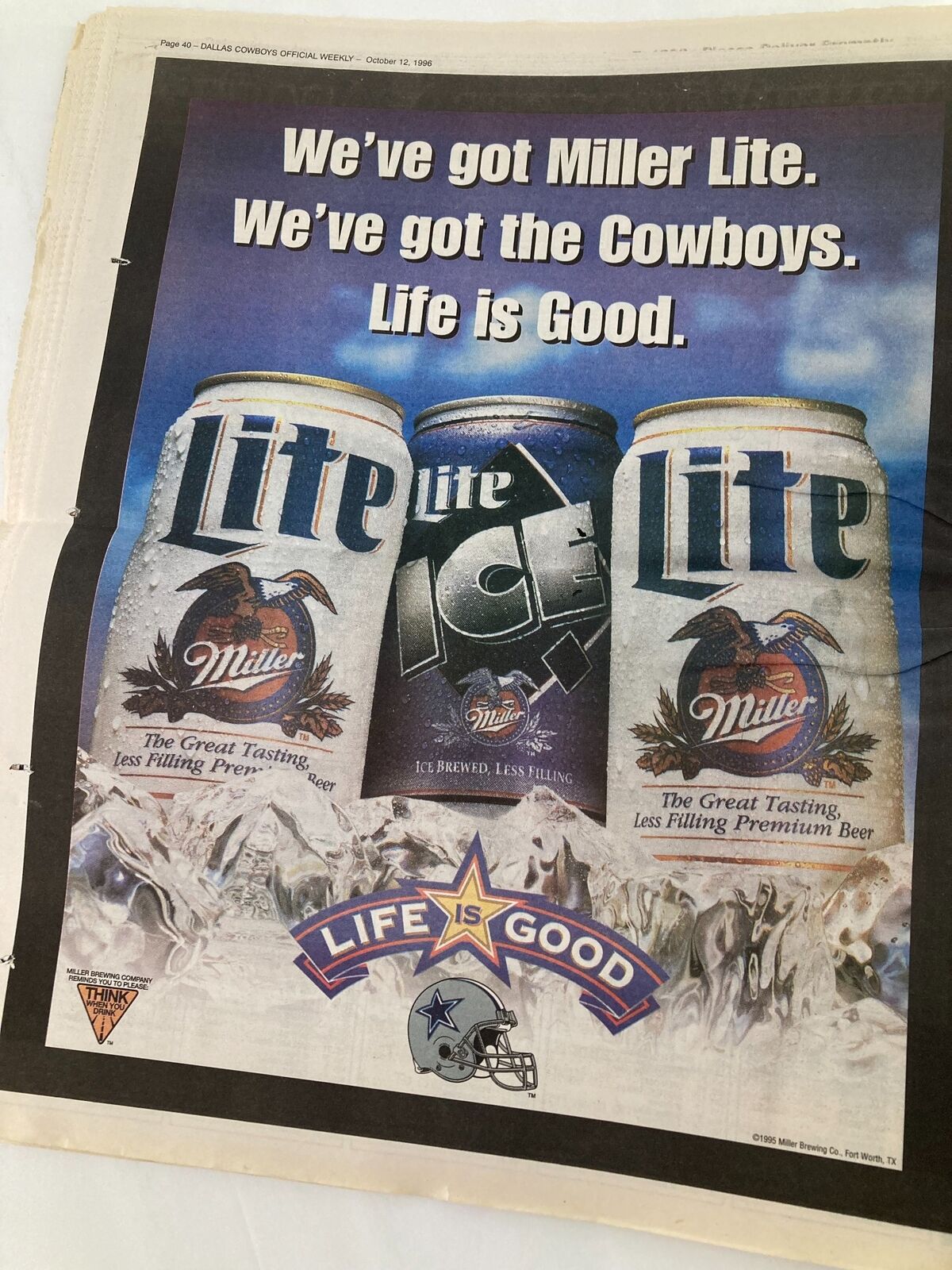 Dallas Cowboys Weekly Newspaper October 12 1996 Vol 22 #18 advertising for Miller Lite featuring Dallas Cowboys branding, promoting beer and fan culture.