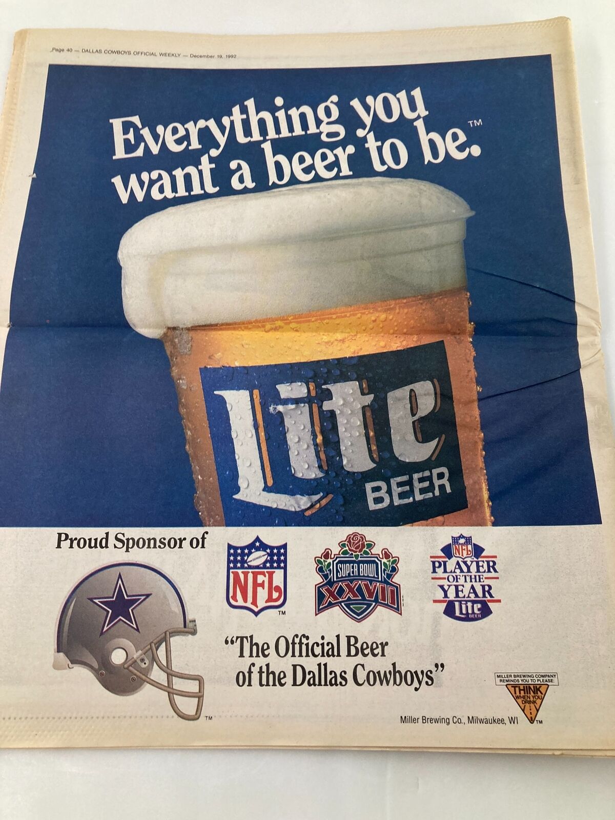 Dallas Cowboys Weekly Newspaper December 19 1992 Vol 18 #27 featuring an advertisement for Lite Beer, highlighting its sponsorship with the NFL and the Dallas Cowboys.