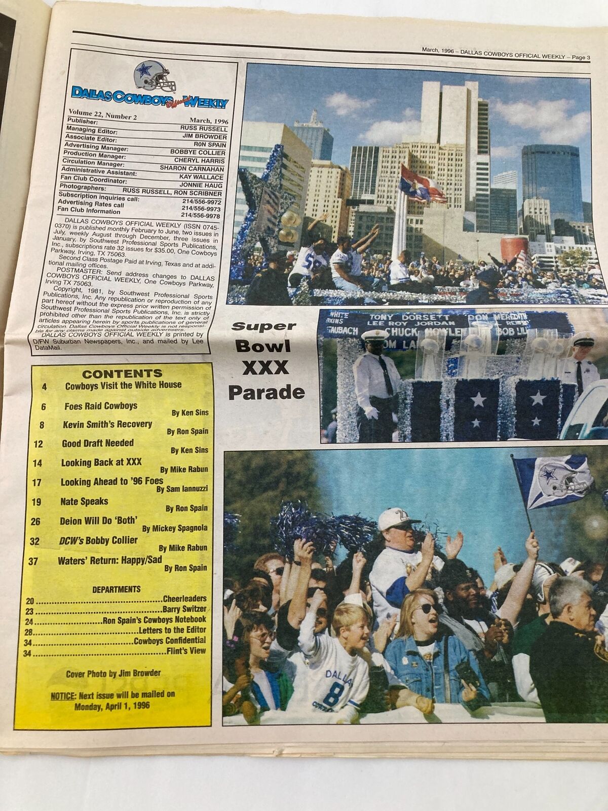 Inside pages of Dallas Cowboys Weekly Newspaper from March 1996 showing the Super Bowl XXX Parade and event highlights.
