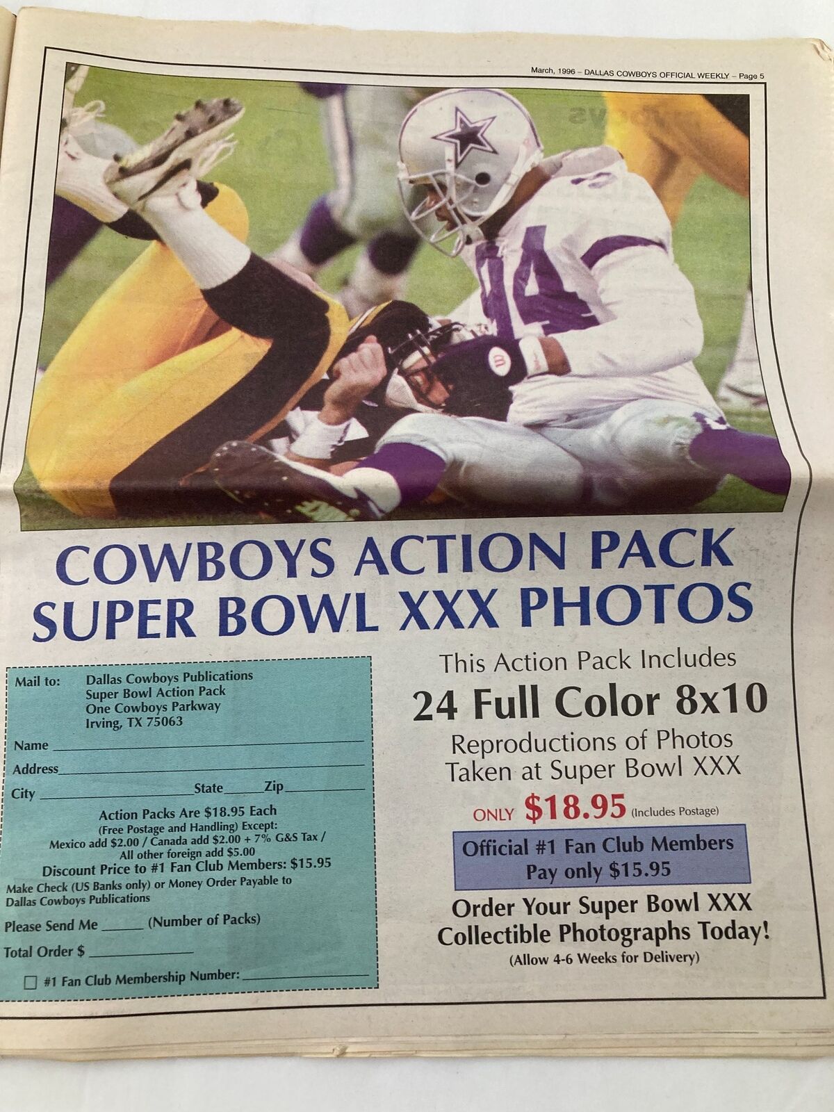 Dallas Cowboys Weekly Newspaper March 1996 Vol 22 #2 ad for Cowboys Action Pack including 24 Super Bowl XXX photos.