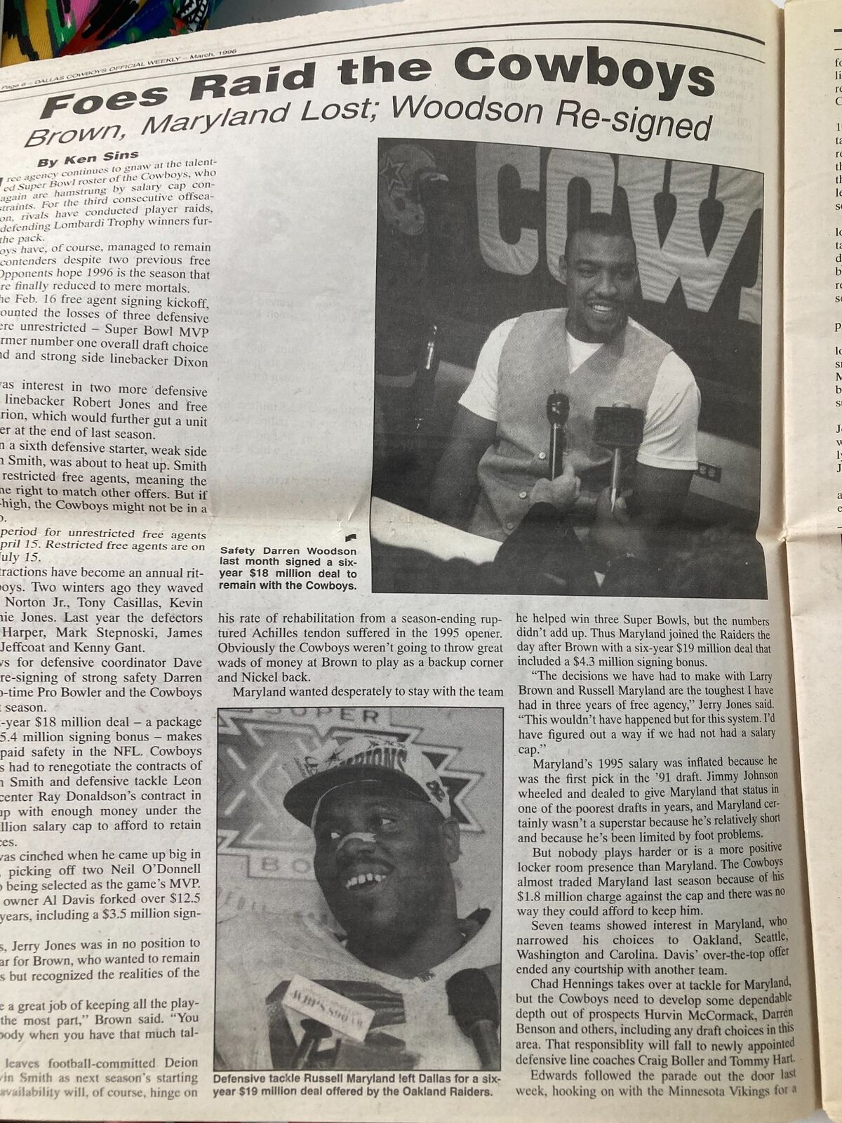 Dallas Cowboys Weekly Newspaper March 1996 Vol 22 #2 article about Darren Woodson re-signing and team updates.