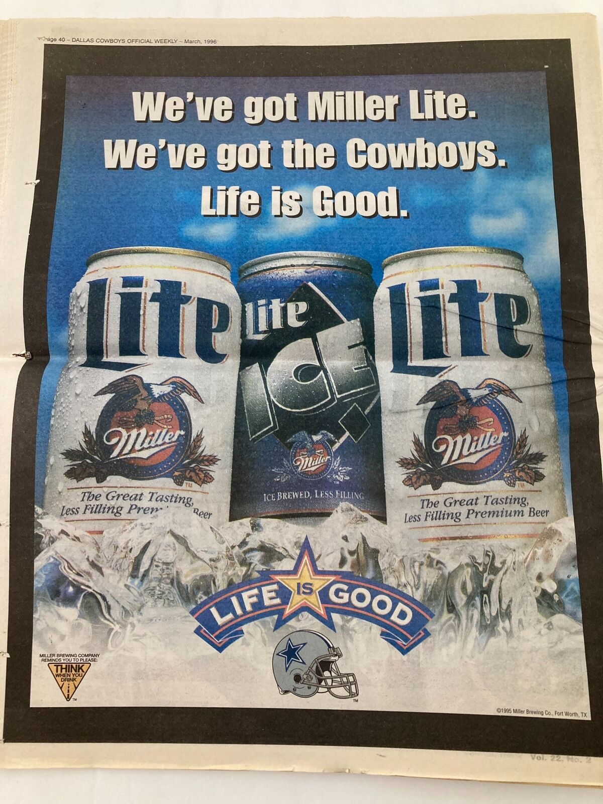 Dallas Cowboys Weekly Newspaper March 1996 Vol 22 #2 advertisement for Miller Lite featuring Cowboys branding.