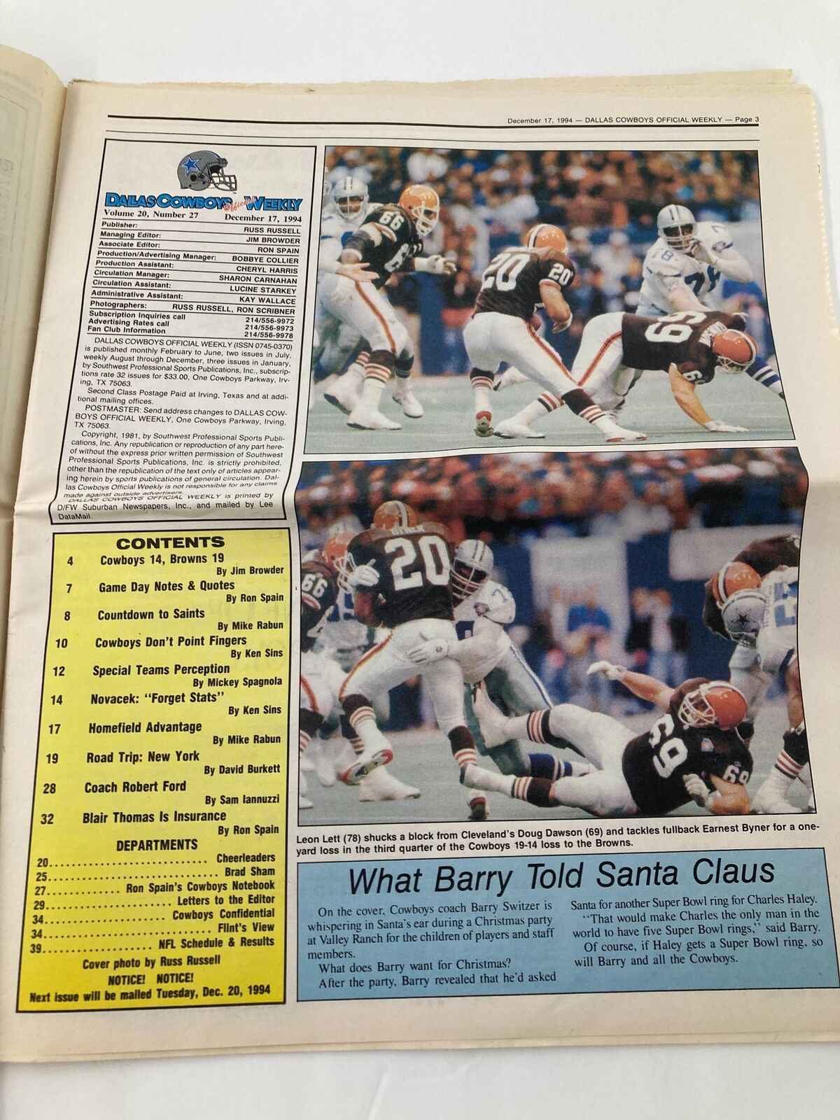 Dallas Cowboys Weekly Newspaper December 17 1994 Vol 20 #27 featuring game highlights and analysis.
