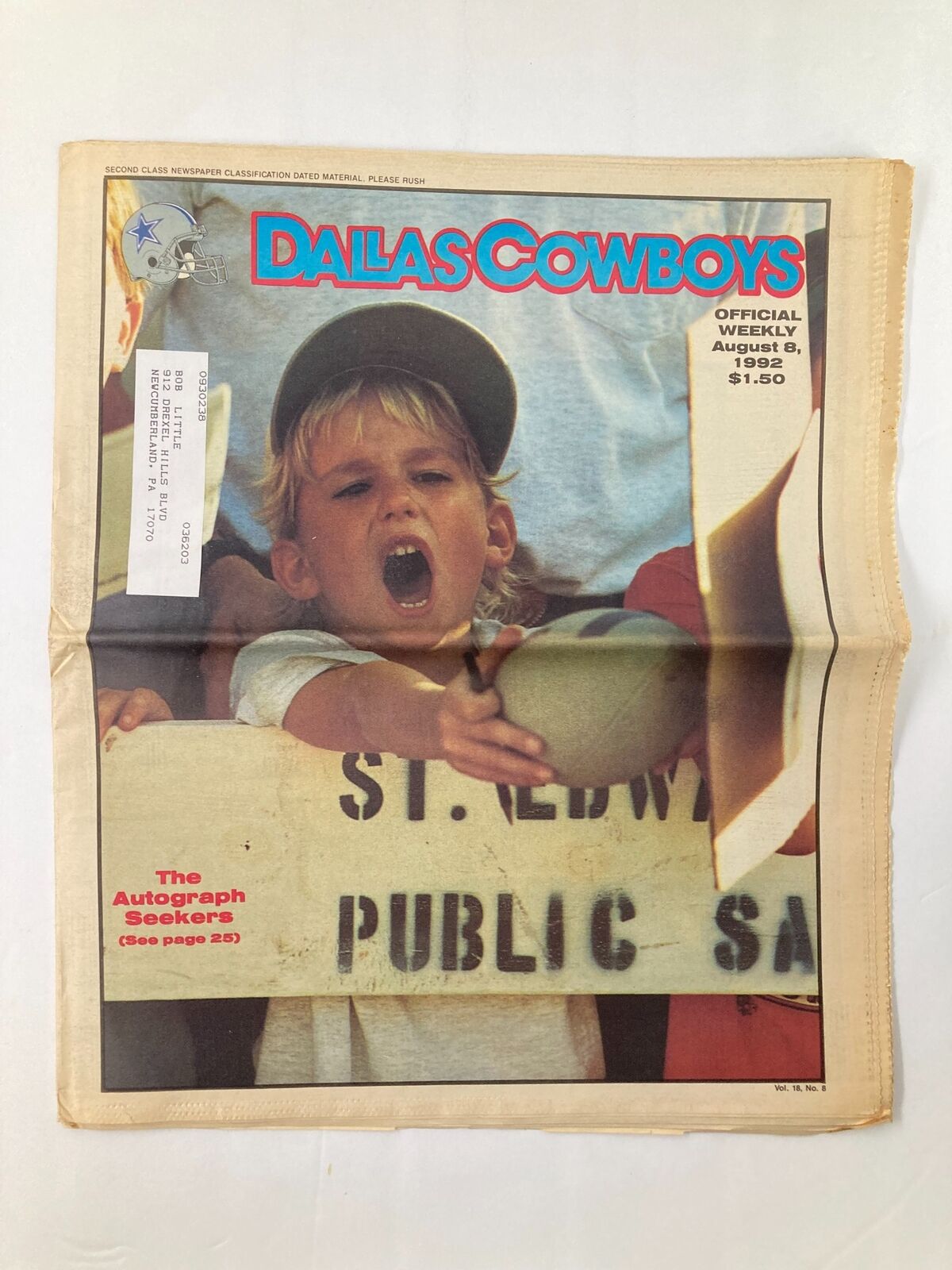 Dallas Cowboys Weekly Newspaper August 8 1992 Vol 18 #8 The Autograph Seekers featuring a young fan holding a sign at an event.