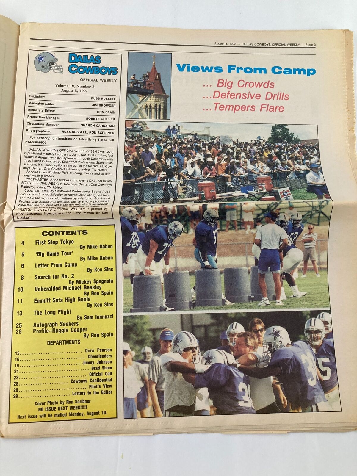 Inside page of the Dallas Cowboys Weekly Newspaper August 8 1992 Vol 18 #8 The Autograph Seekers showcasing views from training camp with photos and contents list.