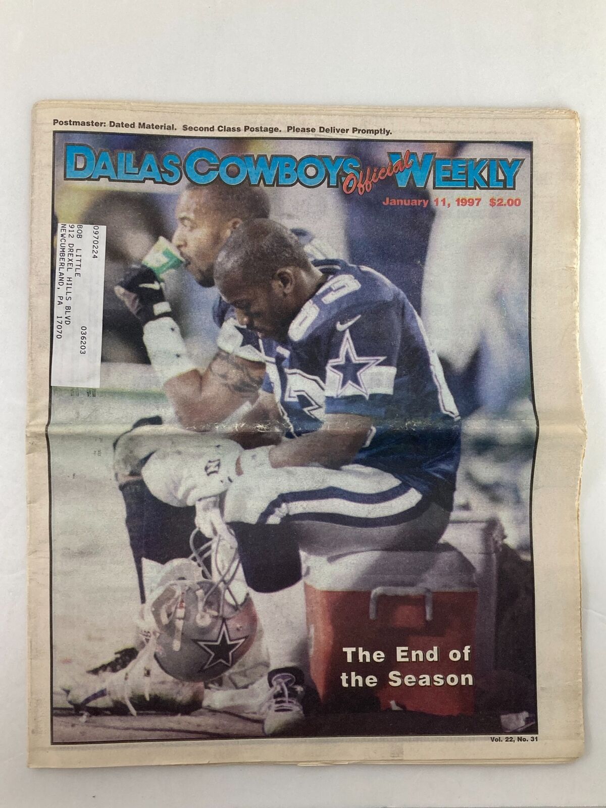 Dallas Cowboys Weekly Newspaper January 11 1997 Vol 22 #30 featuring players on the sidelines, reflecting on the end of the season.