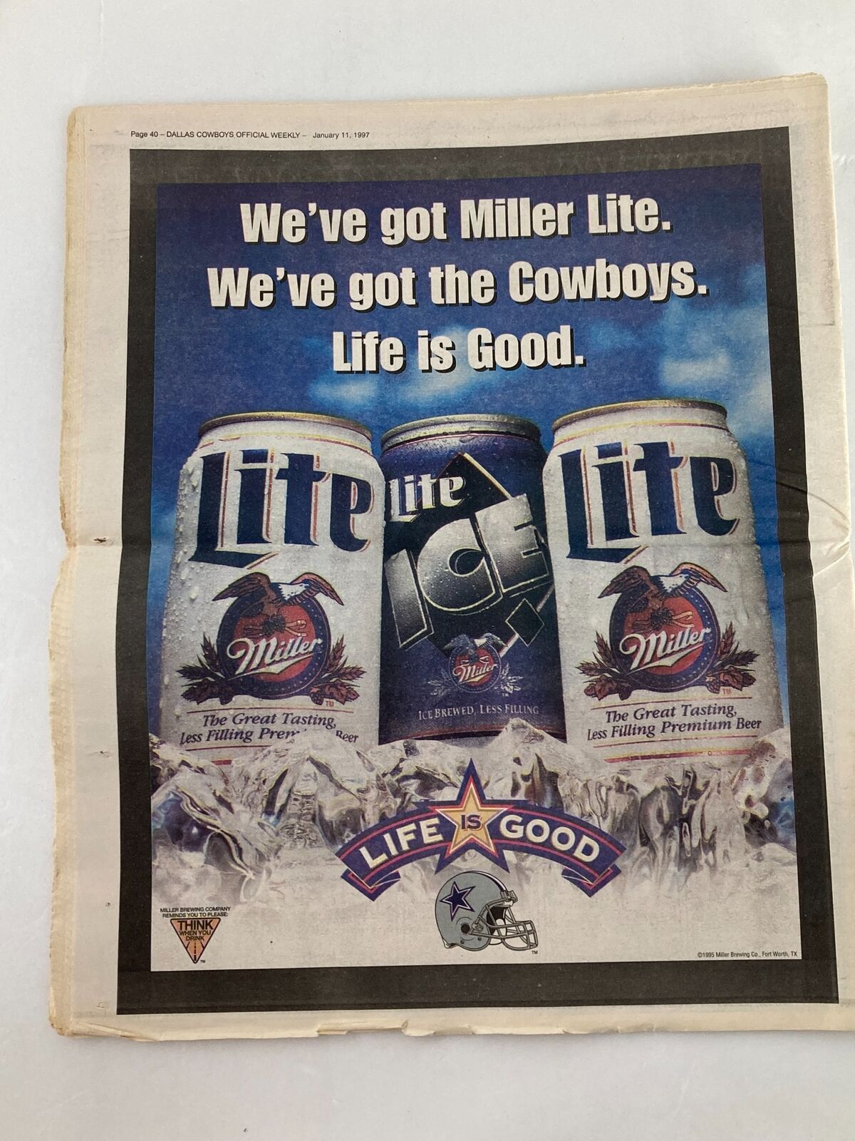 Dallas Cowboys Weekly Newspaper January 11 1997 Vol 22 #30 advertisement for Miller Lite beer, promoting a connection with the Cowboys and good life.