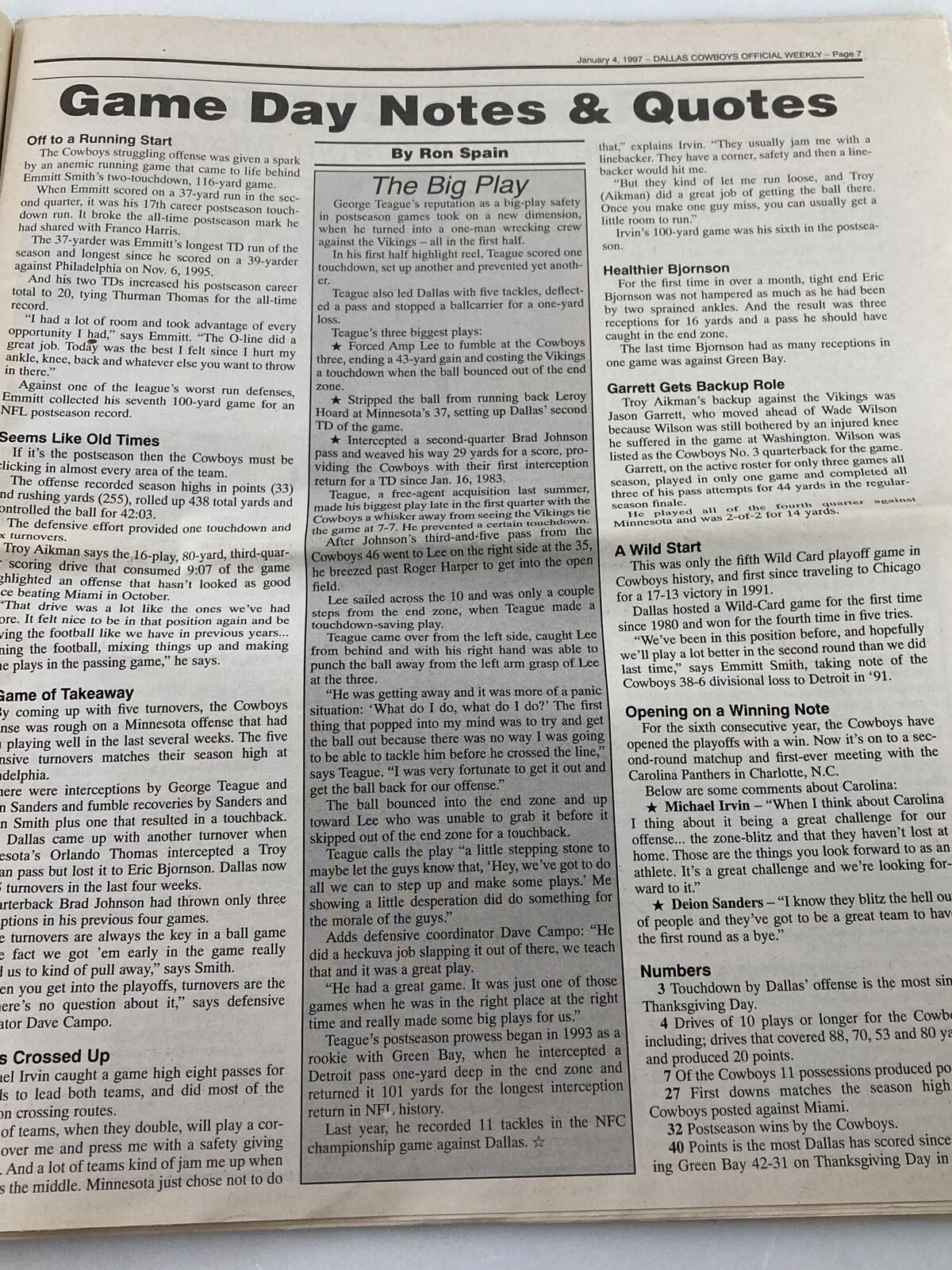 Inside page of the Dallas Cowboys Weekly Newspaper January 4 1997 Vol 22 #30, containing game day notes and quotes, providing insights on player performances and team strategies.