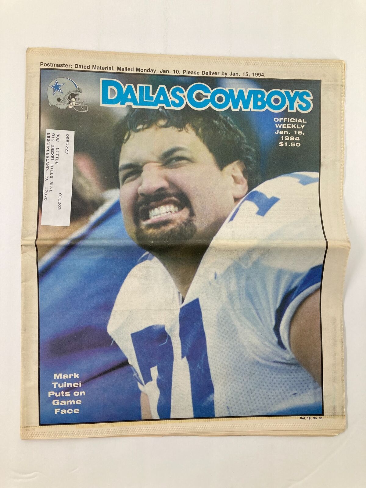 Dallas Cowboys Weekly Newspaper January 15 1994 Vol 19 #30 featuring Mark Tunei on the cover with a determined expression and the text 'Mark Tunei Puts on Game Face'.