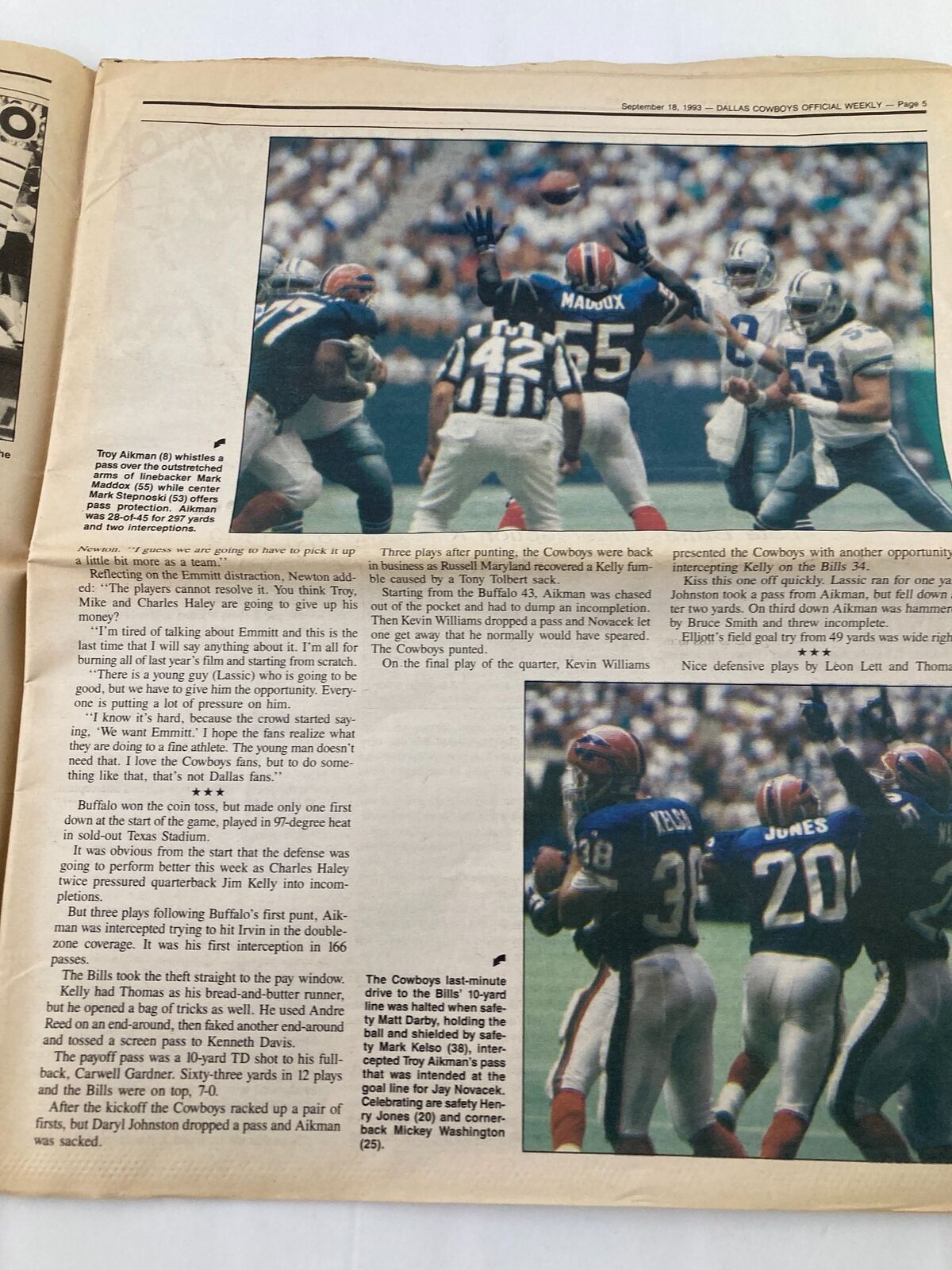 Dallas Cowboys Weekly Newspaper September 18 1993 Vol 19 #13 Michael Irvin featuring commentary on the team's performance and player highlights.
