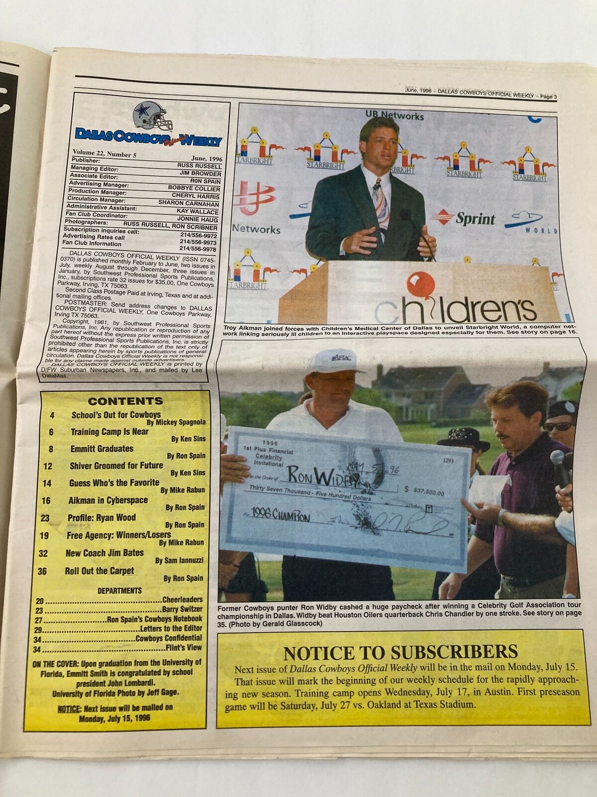 Dallas Cowboys Weekly Newspaper June 1996 Vol 22 #5 featuring a press conference with a speaker discussing team updates.