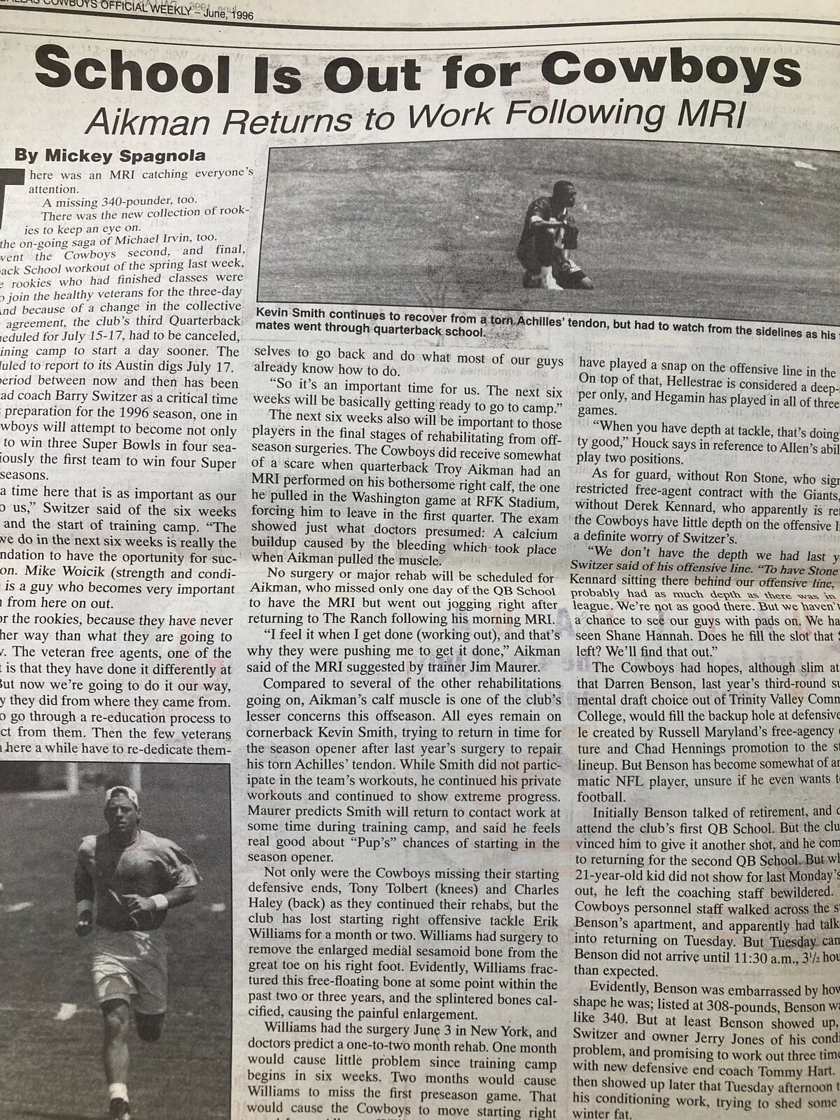 Dallas Cowboys Weekly Newspaper June 1996 Vol 22 #5 article titled 'School Is Out for Cowboys' detailing quarterback Troy Aikman's recovery.
