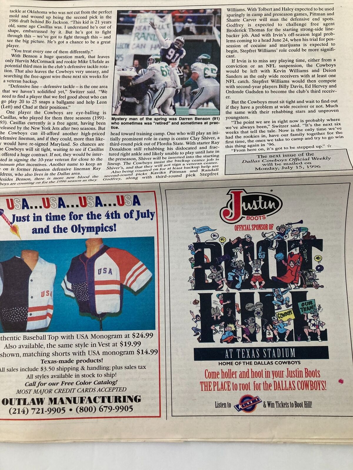 Dallas Cowboys Weekly Newspaper June 1996 Vol 22 #5 advertisement showcasing Justin Boots and Dallas Cowboys promotional content.