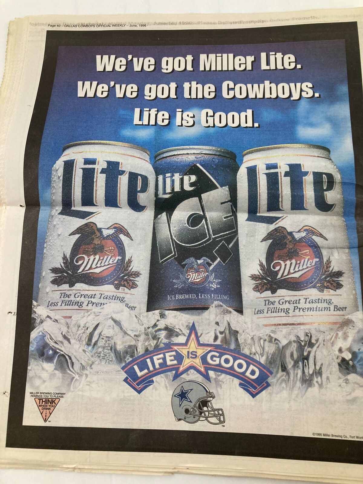 Dallas Cowboys Weekly Newspaper June 1996 Vol 22 #5 advertisement featuring Miller Lite beverages with a Dallas Cowboys theme.
