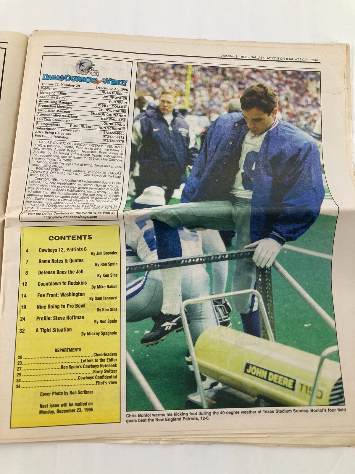 Inside page of the Dallas Cowboys Weekly Newspaper December 21 1996 Vol 22 #28, featuring content and highlights of the game with a focus on an individual, Chris Boniol, during a match, emphasizing game day experiences.