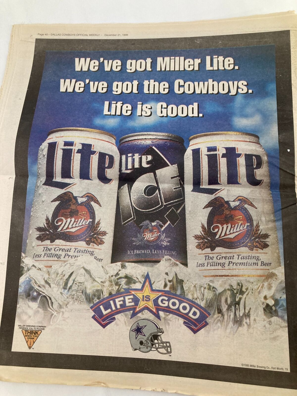 Dallas Cowboys Weekly Newspaper December 21 1996 Vol 22 #28 advertising Miller Lite with a focus on their beverages, promoting a positive lifestyle associated with the Dallas Cowboys.