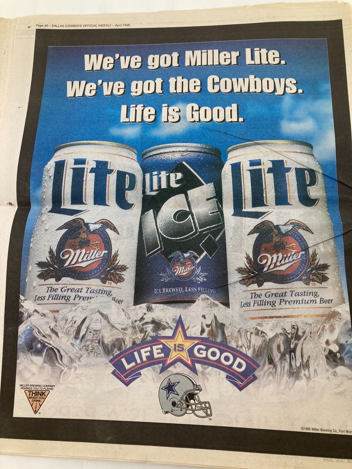 Advertisement for Miller Lite beer in the April 1996 Dallas Cowboys Weekly Newspaper, highlighting the Dallas Cowboys partnership and branding.