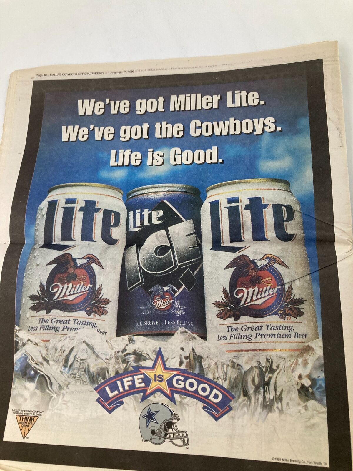 Advertisement page from the Dallas Cowboys Weekly Newspaper December 7, 1996, featuring Miller Lite beer with the slogan 'We've got the Cowboys. Life is Good.'