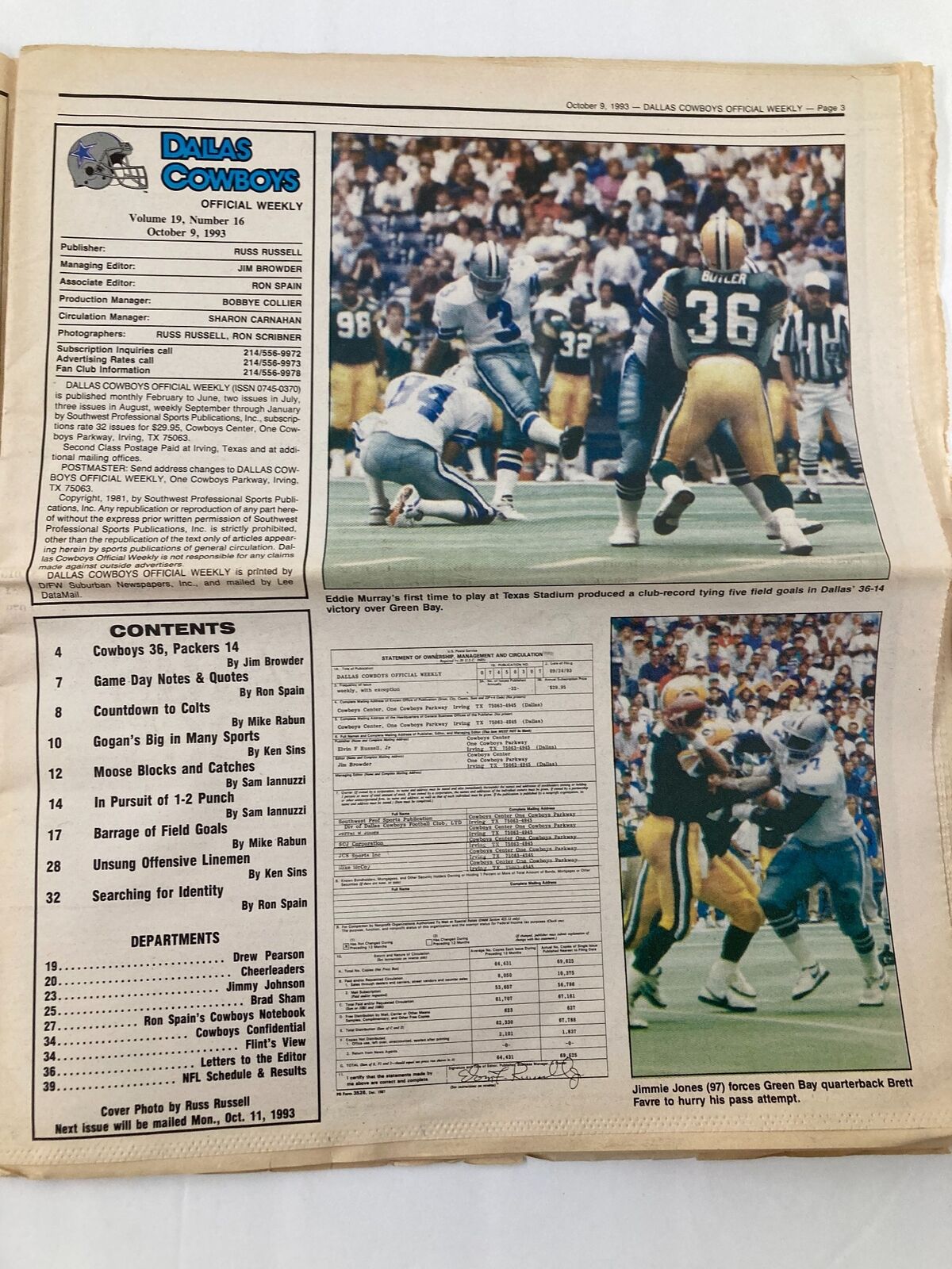 Inside view of Dallas Cowboys Weekly Newspaper October 9 1993 Vol 19 #16, displaying game summaries, player statistics, and highlights from the matchup against the Green Bay Packers.
