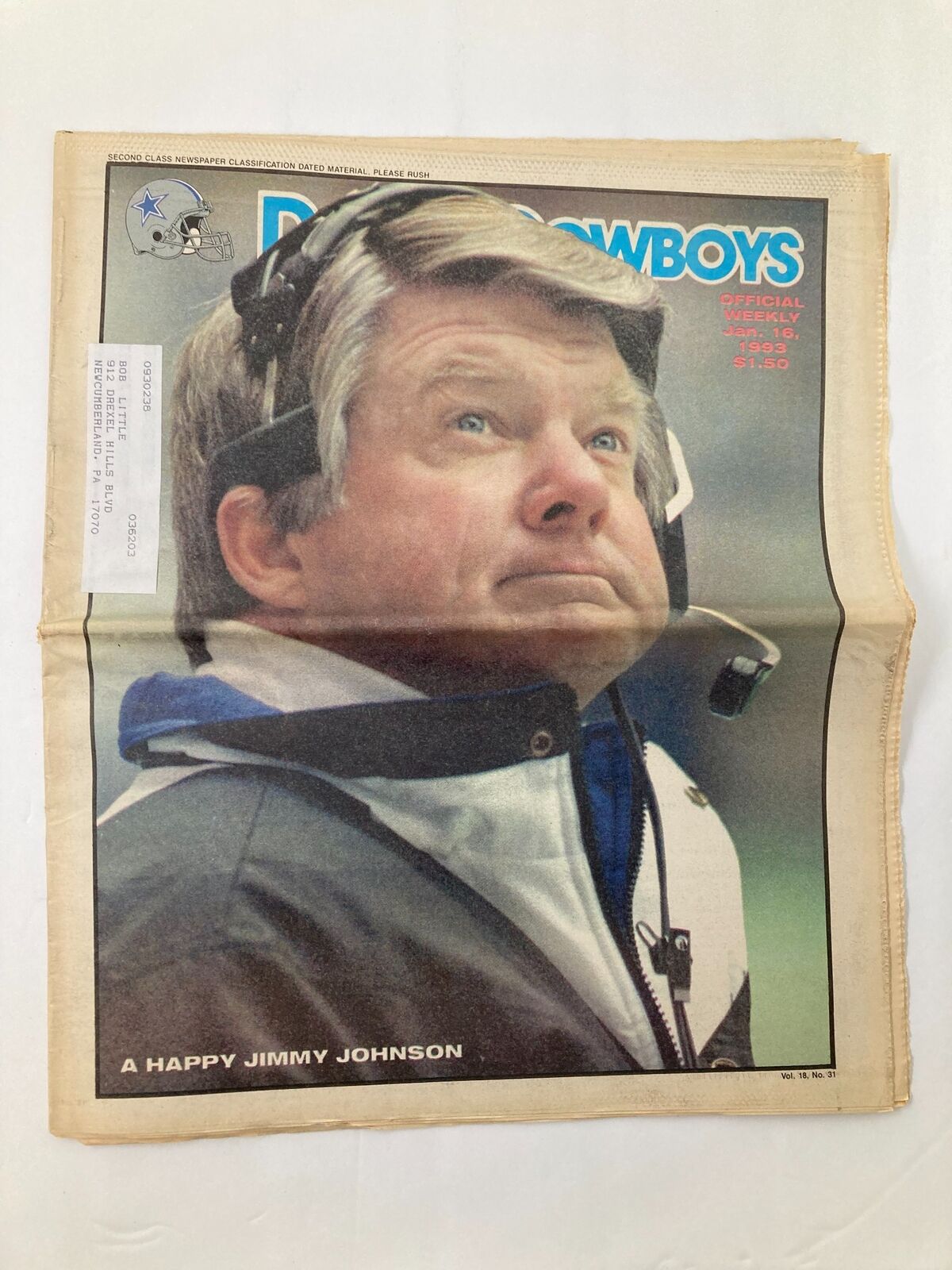 Dallas Cowboys Weekly Newspaper January 16 1993 Vol 18 #31 featuring A Happy Jimmy Johnson on the front page. The cover captures Jimmy Johnson contemplating during a game.