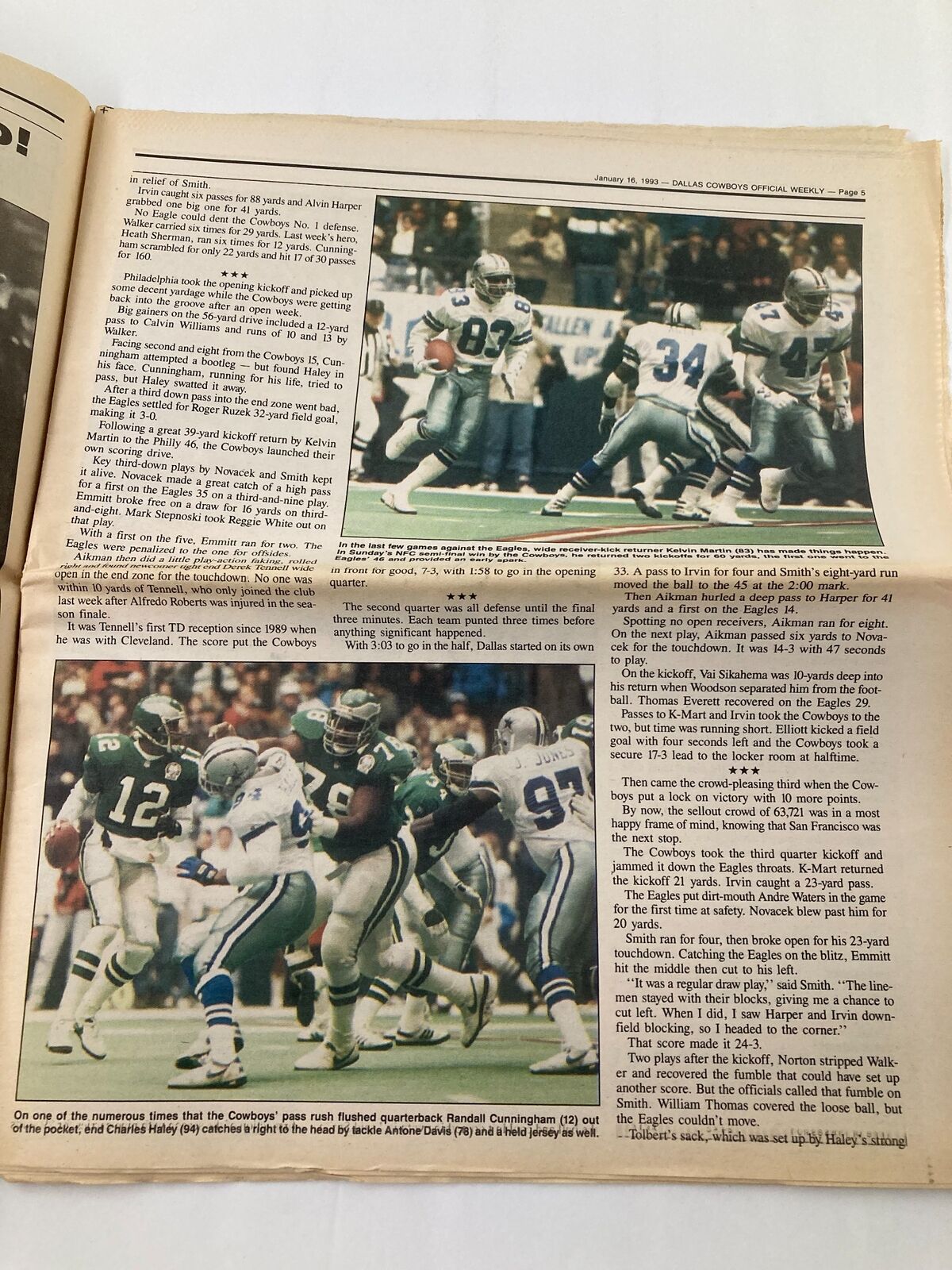 Continuation of the second page of the Dallas Cowboys Weekly Newspaper January 16, 1993, showcasing significant moments and player statistics from the season.