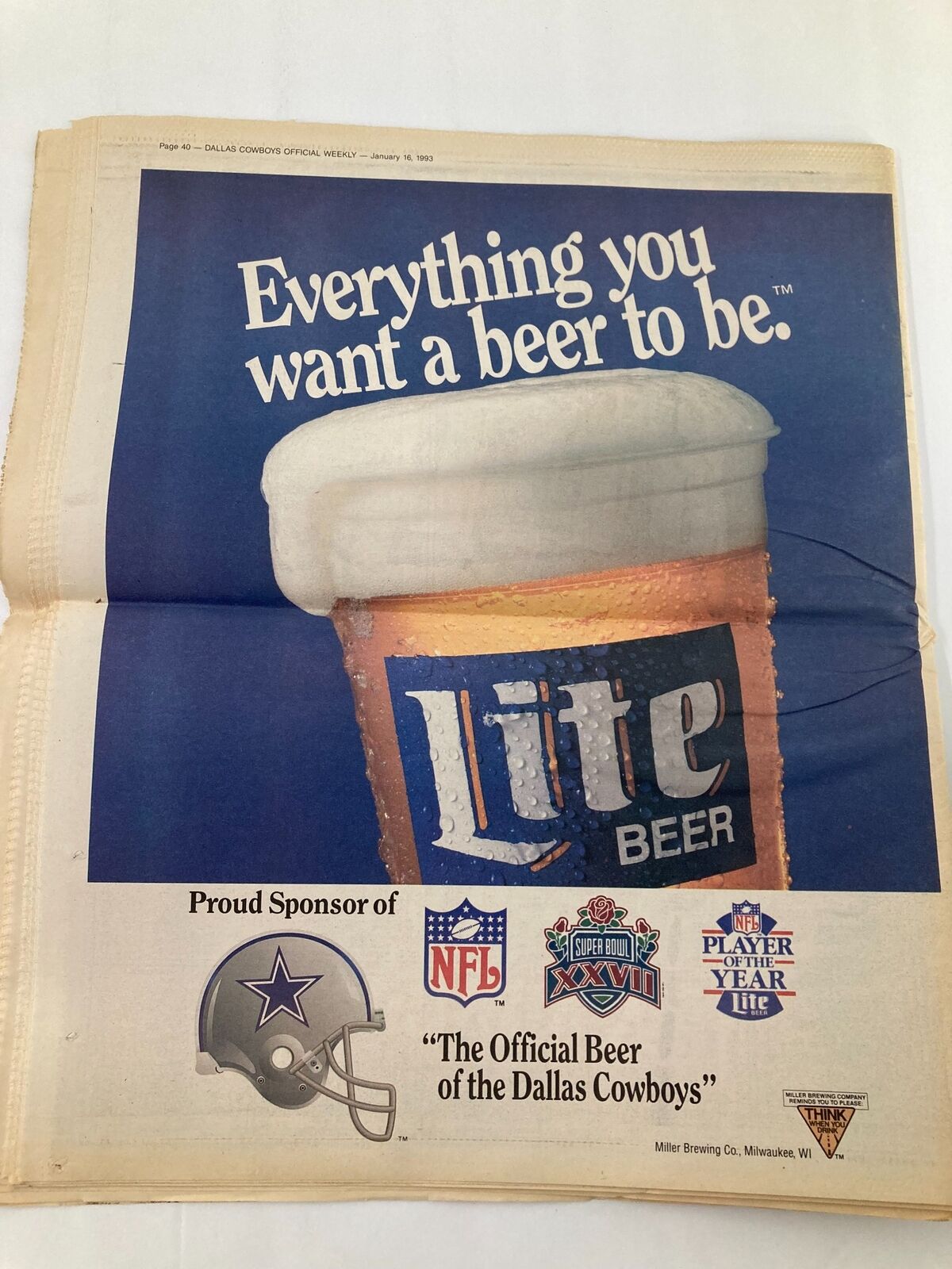 Duplicate advertisement in the Dallas Cowboys Weekly Newspaper January 16, 1993, featuring the slogan 'Everything you want a beer to be' for Lite Beer.
