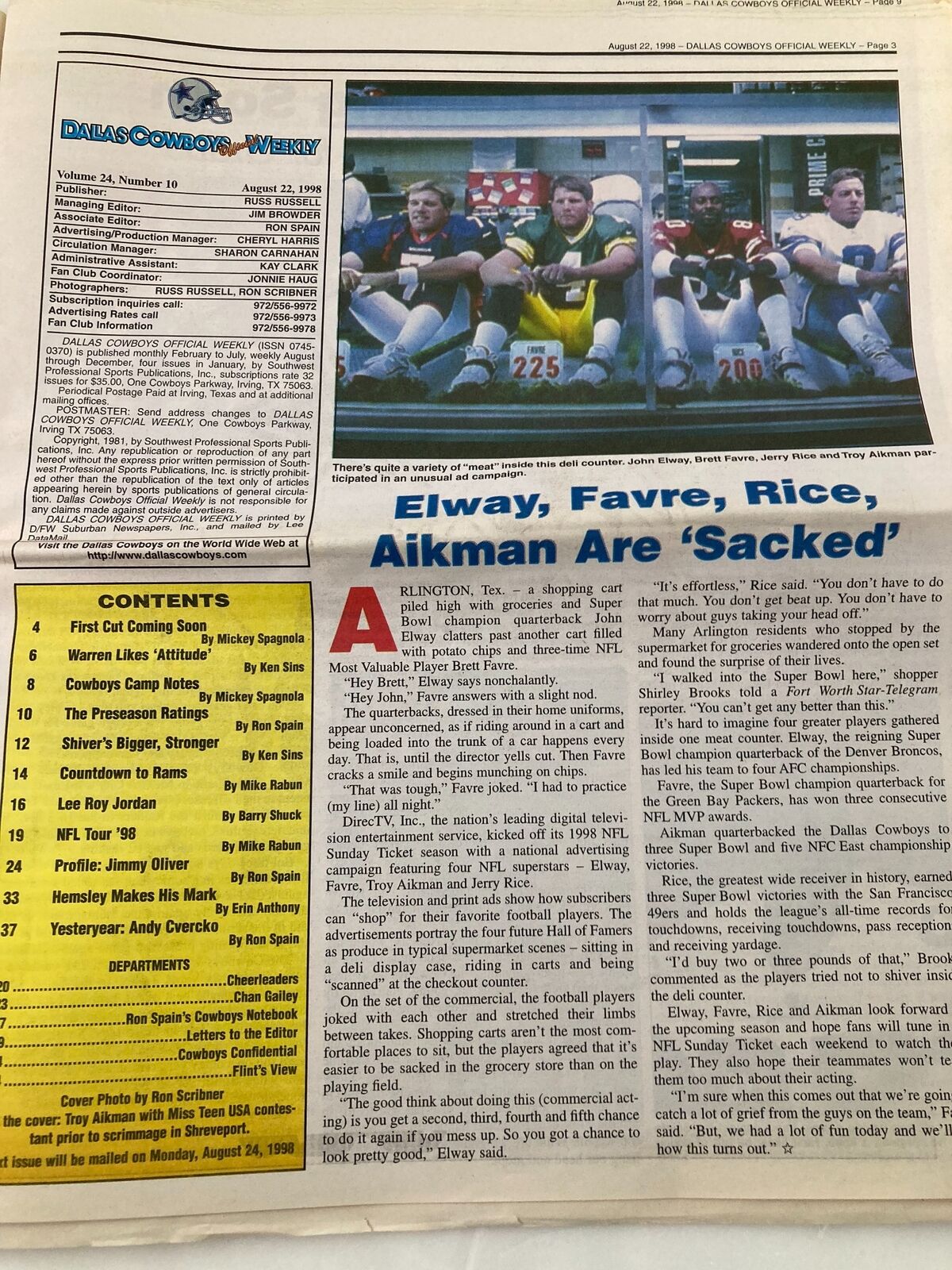 Dallas Cowboys Weekly Newspaper August 22 1998 Vol 24 #10 Troy Aikman featuring a group of Cowboys players seated on the bench during a game with the title and issue information visible.