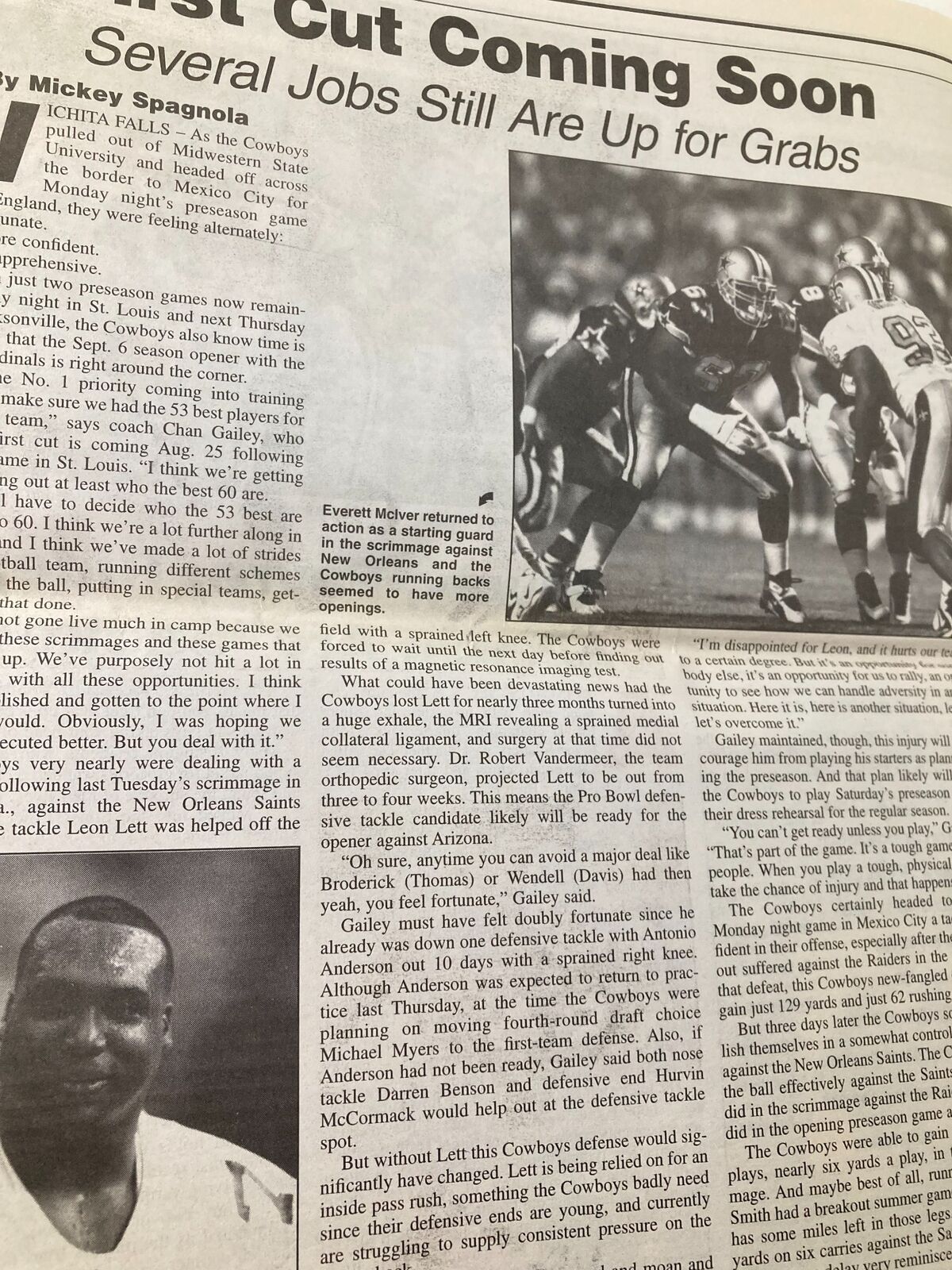 Dallas Cowboys Weekly Newspaper August 22 1998 Vol 24 #10 Troy Aikman showcasing an article titled 'Cut Coming Soon' highlighting player positions and upcoming game preparations.