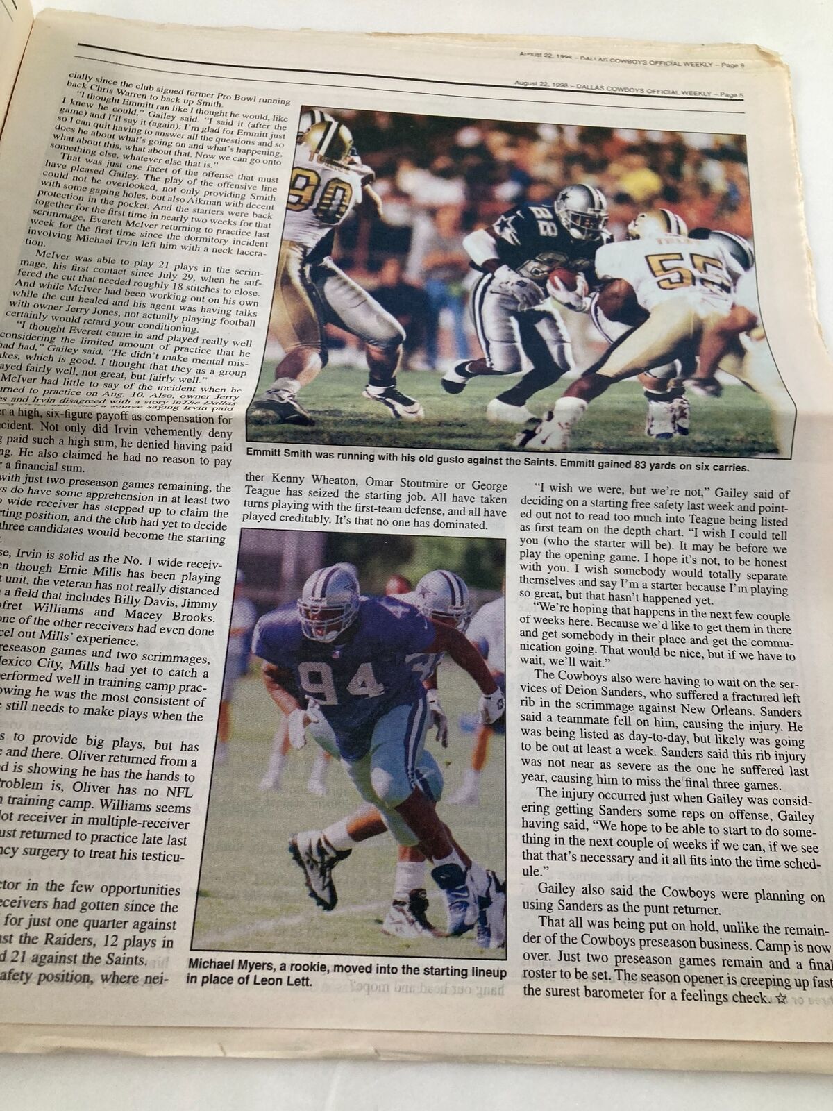 Dallas Cowboys Weekly Newspaper August 22 1998 Vol 24 #10 Troy Aikman displaying action shots of running back Emmitt Smith and rookie Michael Myers on the field.