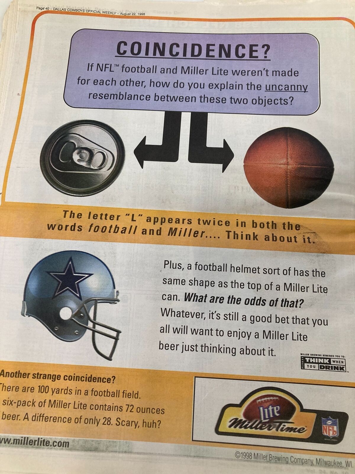 Dallas Cowboys Weekly Newspaper August 22 1998 Vol 24 #10 Troy Aikman featuring an advertisement for Miller Lite with a humorous take on football and coincidences related to the sport.