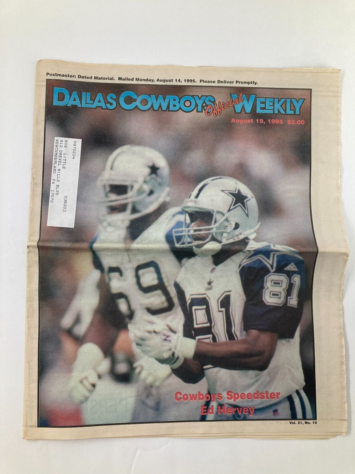 Dallas Cowboys Weekly Newspaper August 19 1995 Vol 21 #10 featuring Cowboys Speedster Ed Harvey, showcasing players in action on the field.