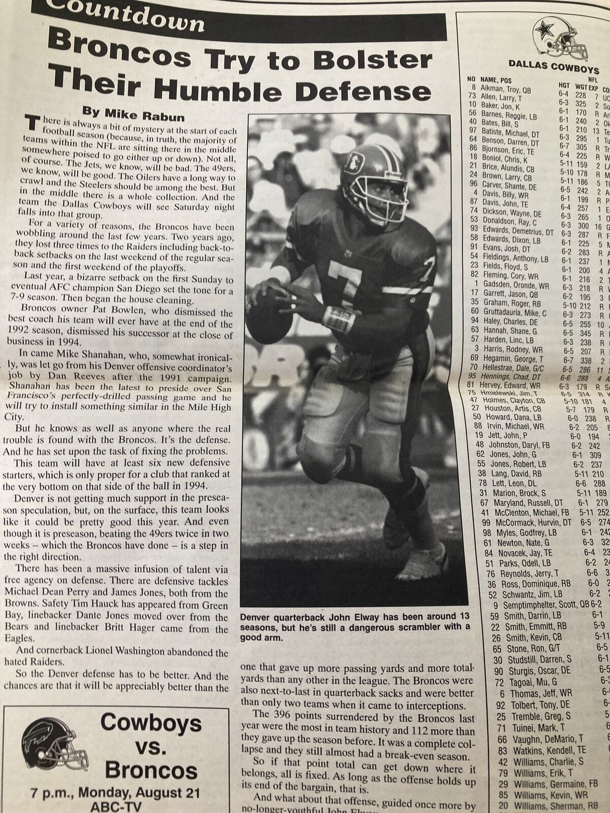 Dallas Cowboys Weekly Newspaper August 19 1995 Vol 21 #10 Speedster Ed Harvey article featuring the Denver Broncos and their humble defense.