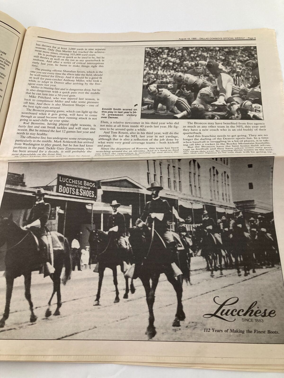 Dallas Cowboys Weekly Newspaper August 19 1995 Vol 21 #10 Speedster Ed Harvey with a vintage image of a horse parade and Lucchese Boots advertisement.