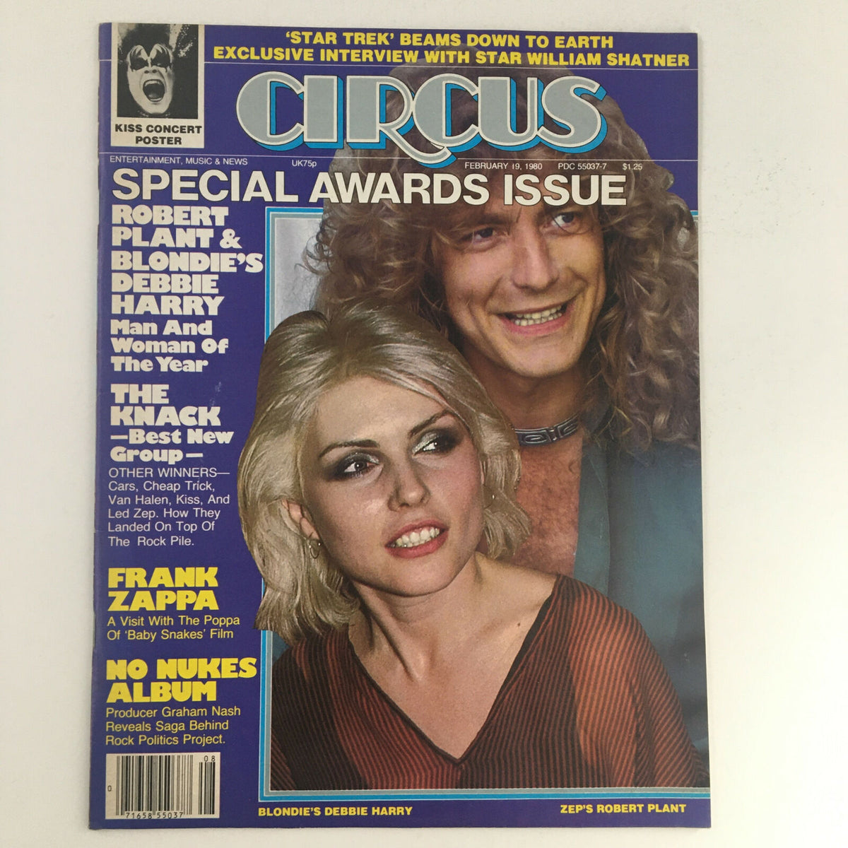 Circus Magazine cover from February 19, 1980 featuring Debbie Harry and Robert Plant as Man and Woman of the Year, along with a promotional Kiss poster. This vintage magazine showcases the vibrant music scene of the late 1970s and early 1980s.
