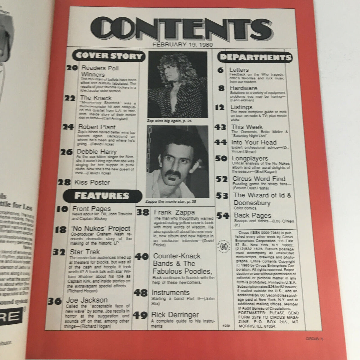 Contents page of Circus Magazine February 19, 1980 outlining features and articles including Debbie Harry, Robert Plant, and a Kiss poster, highlighting significant moments in music history.