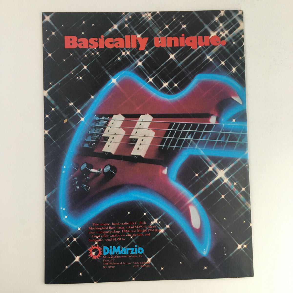 Vintage advertisement featuring a BC Rich Mockingbird bass guitar, surrounded by sparkling lights. This ad highlights the unique craftsmanship of the guitar, referencing a DiMarzio pickup. Perfect for music enthusiasts and collectors of Circus Magazine February 19, 1980, featuring Debbie Harry, Robert Plant, and a Kiss poster.