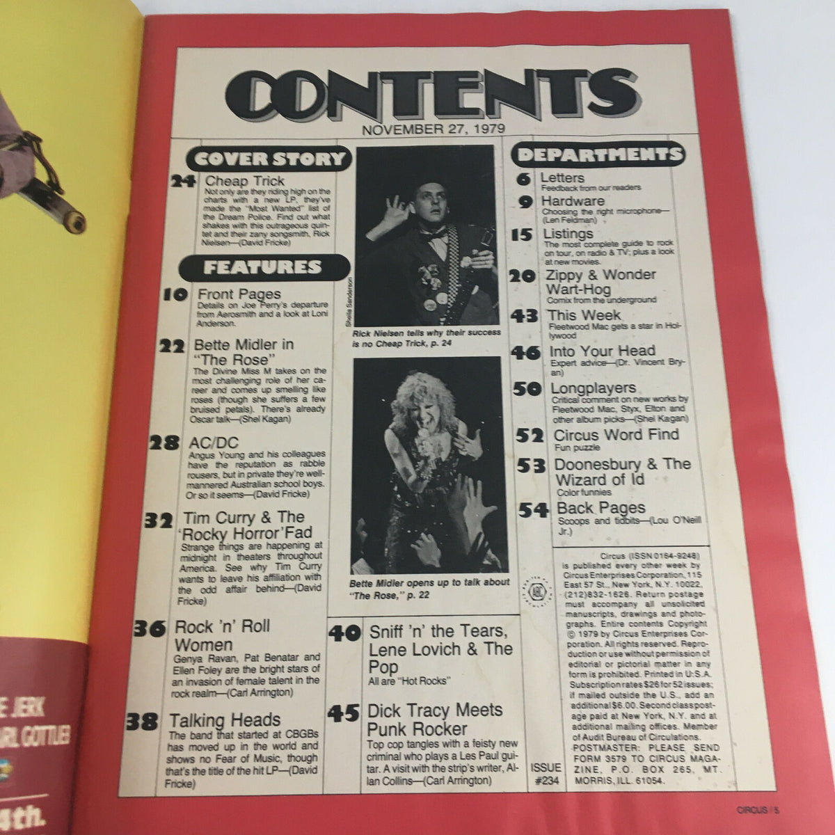 Contents page of Circus Magazine November 27, 1979, featuring articles including coverage on Cheap Trick, AC/DC, and Tim Curry, encapsulating the diverse music culture of the late 1970s.